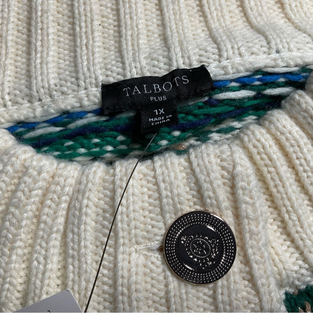 Talbots Fair Isle style green/cream/blue/tan striped Cardigan. 1X. NWT - Picture 10 of 14